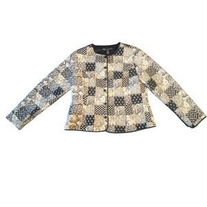 Vintage Silkland Quilted Patchwork Jacket Black Cream Floral Geometric XL
